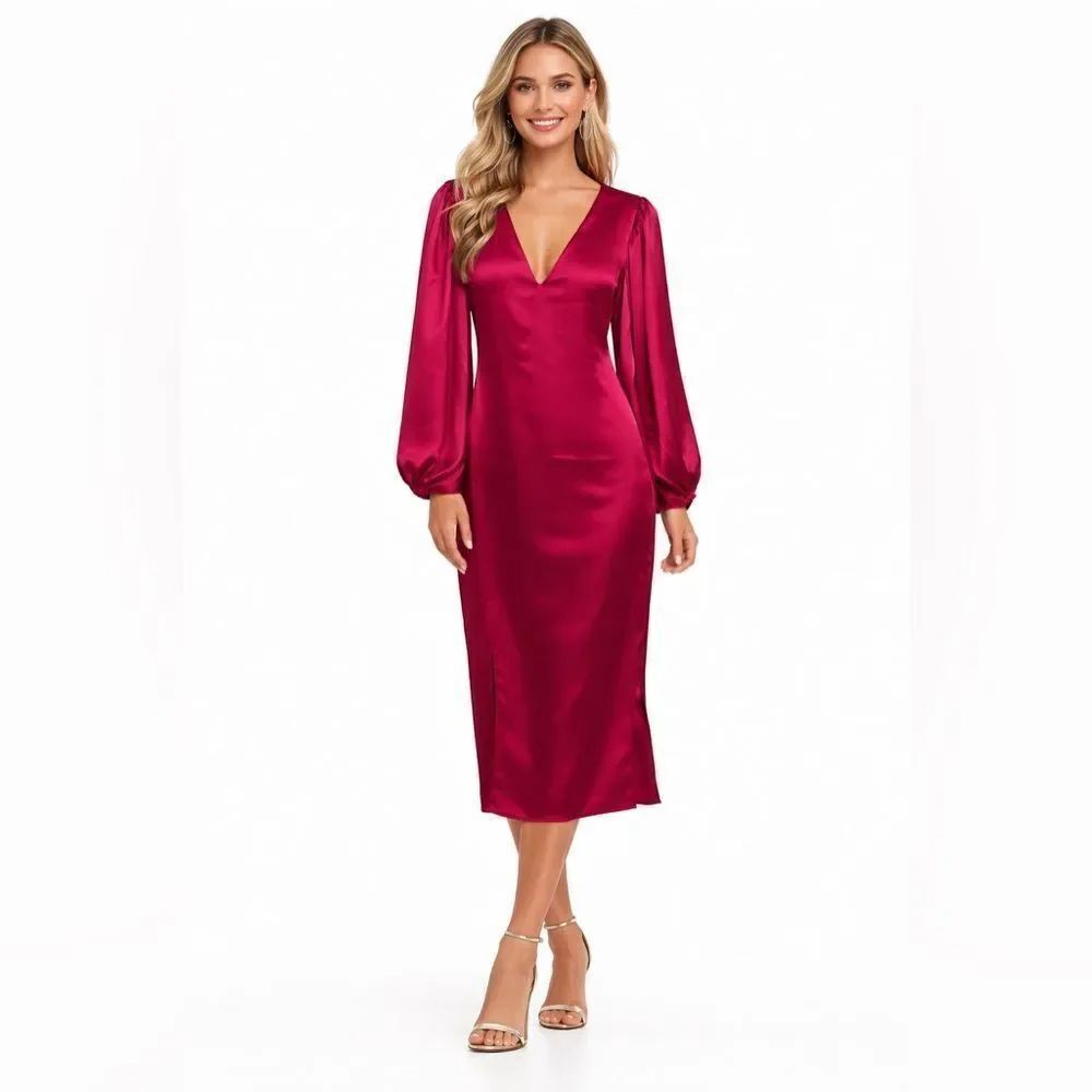 Karlie Deep Raspberry Satin Long Sleeve Dress